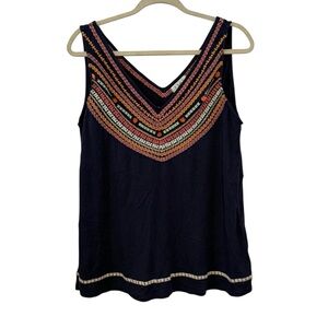 THML Large Navy Blue Embroidered Boho Tank Top Sleeveless Blouse Rayon Blend